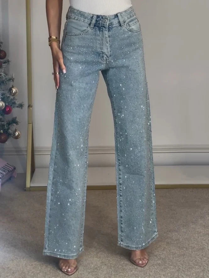 Jeans droit taille haute en diamanté