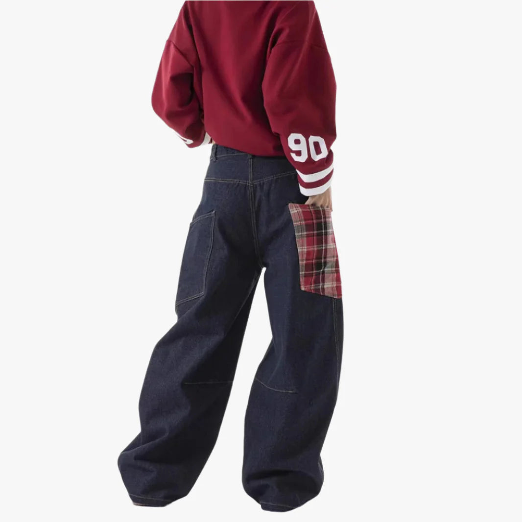 Women's Plaid Patchwork Baggy Straight Jeans