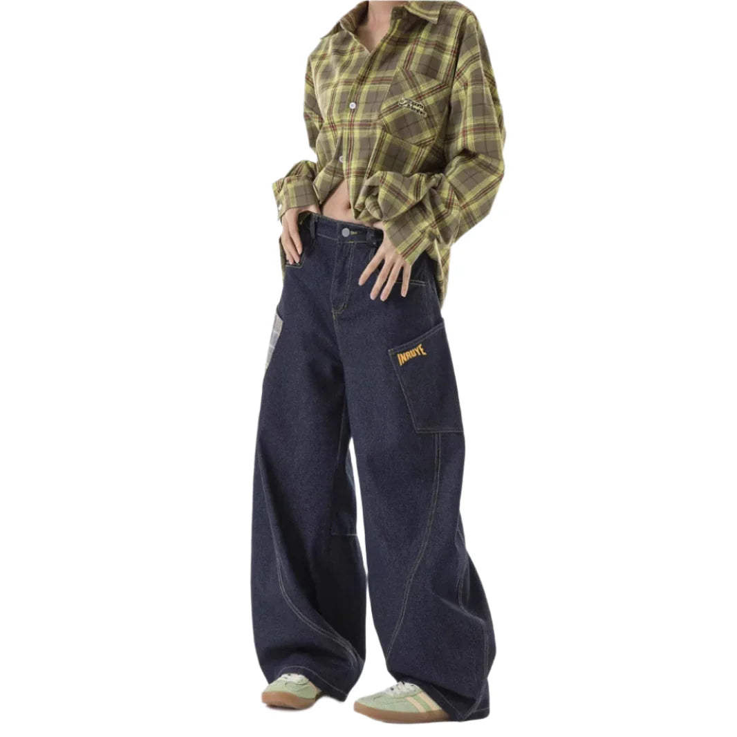 Women's Plaid Patchwork Baggy Straight Jeans