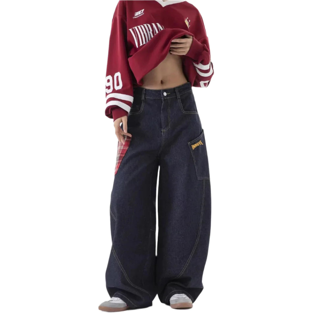 Women's Plaid Patchwork Baggy Straight Jeans