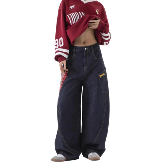 Women's Plaid Patchwork Baggy Straight Jeans